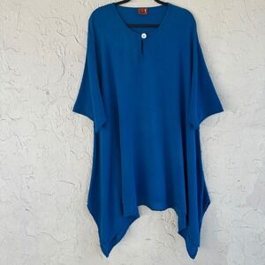 Oh My Gauze! Women 1X Blue Cotton Gauze Oversized Handkerchief Hem Tunic Top